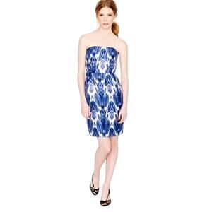 135. J.CREW Silk Strapless Mini Dress Ikat Empire Waist Tie Dye Blue SZ 2